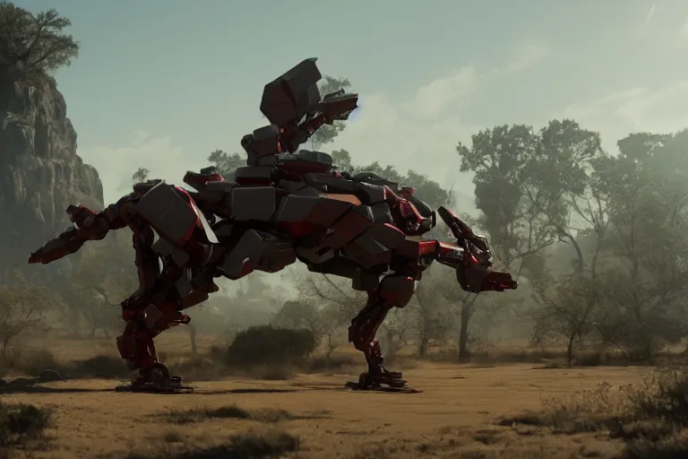 Image similar to a cinematic still from Westworld, red mech, armored core, octane render, nvidia raytracing demo, masterpiece