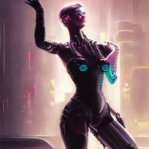 Image similar to beautiful illustration of a cyberpunk android ballerina, painting by Raymond Swanland, sci-fi cybernetics, art deco, synthwave hq