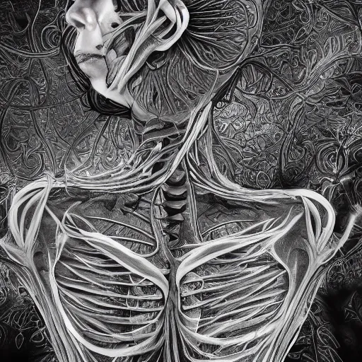 Prompt: a beautiful detailed photo of a full body rotten woman corpse morphing into fractal plants and fractal flowers and mushrooms, muscles, veins, anatomical, intricate, ornate, volumetric light, beautiful lit, beetlejuice