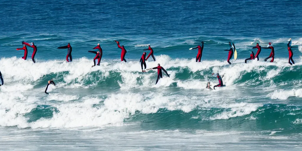 Prompt: devil worshippers in robes belonging to the cult of the ocean surfing in waves, standing on surfboards, surfing inside one large barreled wave, high detailed colors, blue