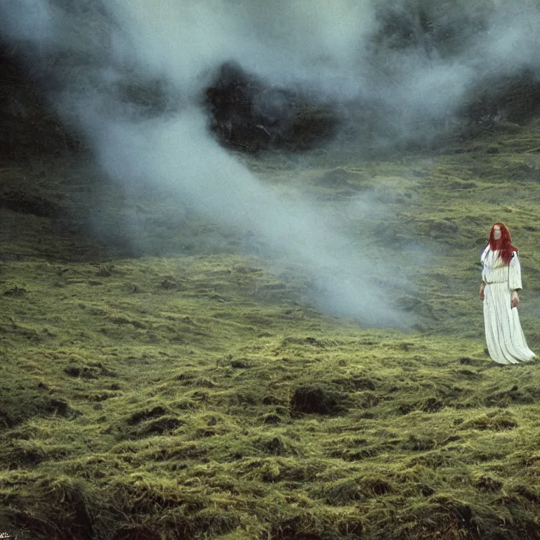 Image similar to moody 1 9 7 0's artistic technicolor spaghetti western film, a large huge group of women in a giant billowing wide long flowing waving shining bright white dresses made of white smoke, standing inside a green mossy irish rocky scenic landscape, volumetric lighting, backlit, moody, atmospheric, fog, extremely windy, soft focus