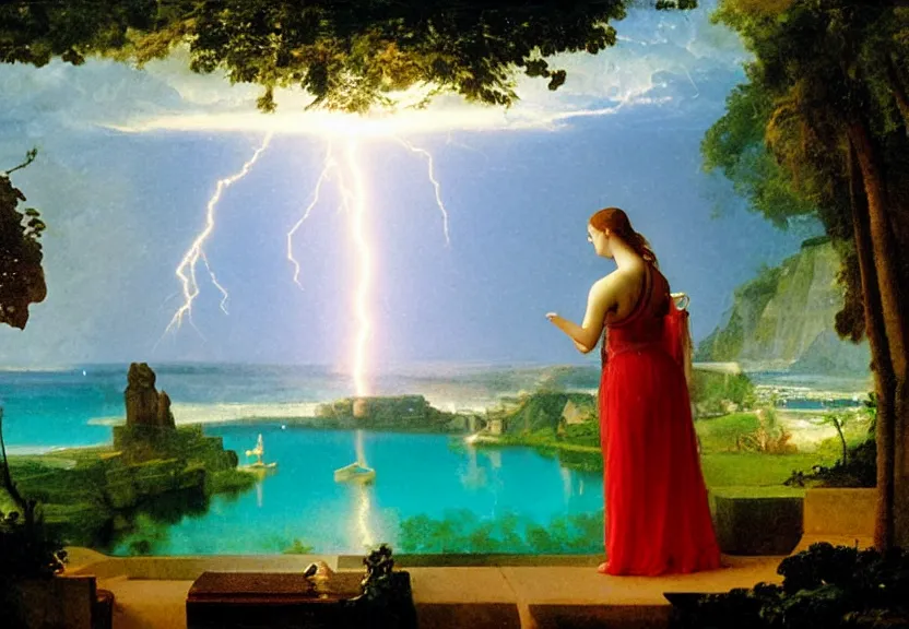 Image similar to Girl playing the palace piano, refracted sparkles, thunderstorm, greek pool, beach and Tropical vegetation on the background major arcana sky, by paul delaroche, hyperrealistic 4k uhd, award-winning, very very very detailed