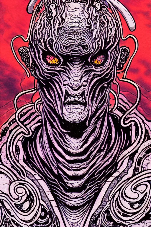 Prompt: illustration of old wrinkly demon that causes earthquakes, rock themed, intricate linework, in the style of moebius, ayami kojima, 1 9 9 0's anime, retro fantasy