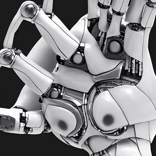 Image similar to robot's Heart-shaped fingers, two hang, a close up, white steel, white metal, extreme details, vertical symmetry, steel joint, Wires, Mechanisms, unreal engine 5