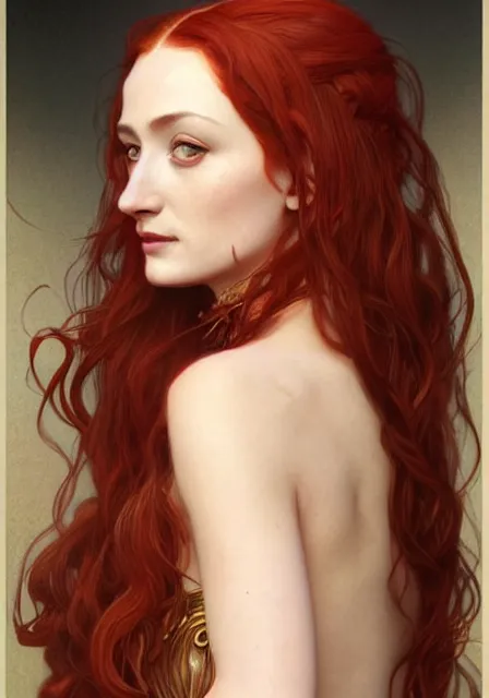 Image similar to portrait of sansa stark with red long hair, intricate, elegant, highly detailed, digital painting, artstation, concept art, smooth, sharp focus, illustration, art by artgerm and greg rutkowski and alphonse mucha and william - adolphe bouguereau