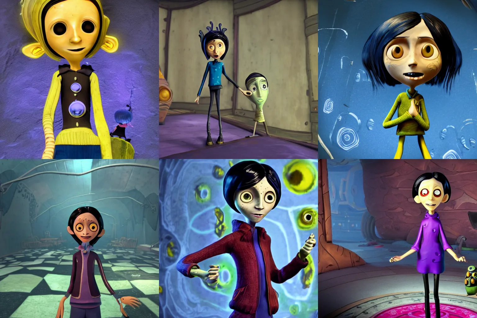 Prompt: A screenshot of Coraline as a character in Psychonauts 2, 3D, Unreal Engine, RTX, DLSS, 4K UHD