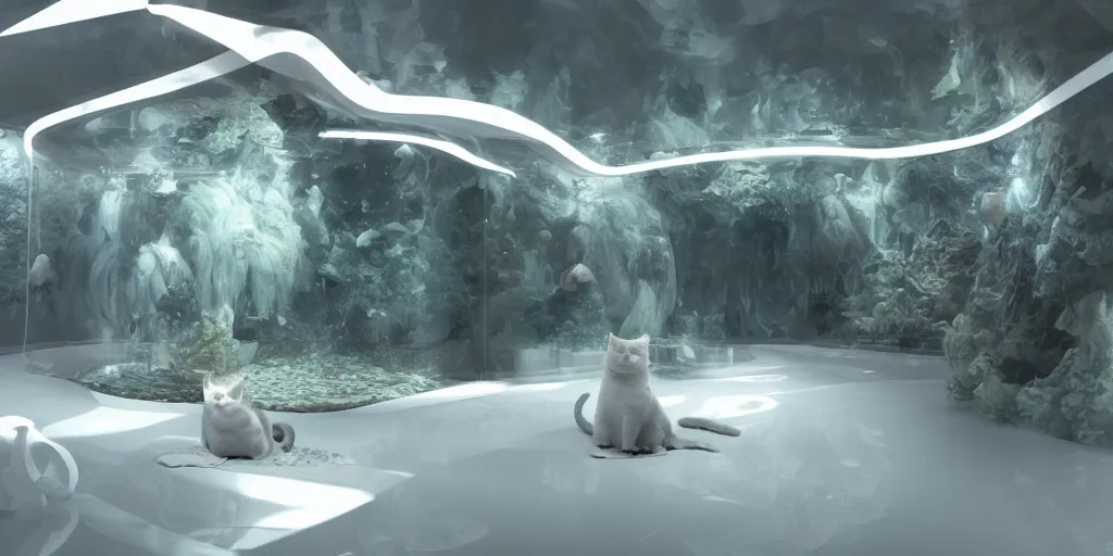 Image similar to a white room with fur walls, cat in the center behind a giant aquarium, reflective floor, digital art, trending on artstation, sharp