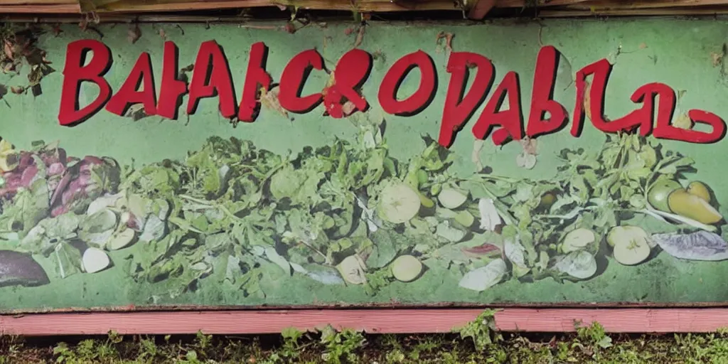 Prompt: an abandoned salad bar from the 6 0 s, the sign features several fruits along with a cornucopia and the words salad bar