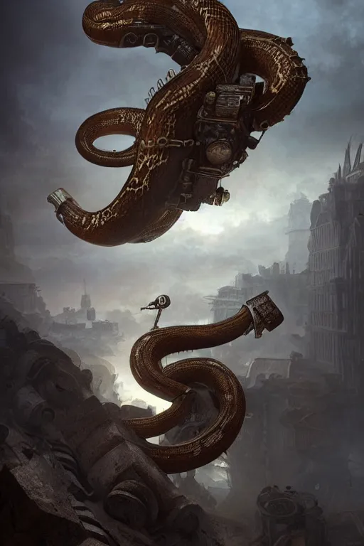 Image similar to Abstract tech action scene of a steampunk snake flying over ruins by night, horror, volumetric clouds and fog, focus, detailed, realistic eyes looking at camera, symmetric body features proportions, intricate details, award winning, unreal render, by Tom Bagshaw