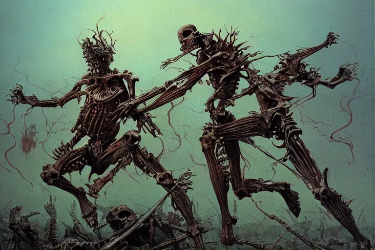 Prompt: ultra-detailed painting by zdzisław beksiński of blood lord fighting black angel made out of bones in the battle between blood humans and undead elves in the bone valley, hd, 8k ,ultra-detailed, dynamic lighting