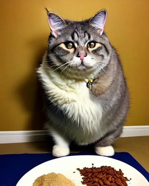 Image similar to Fluffy fat cat standing on two legs, wearing a crown, looking indignantly at the half-empty food bowl presented before her. Award-winning photograph, trending, funny, heartwarming