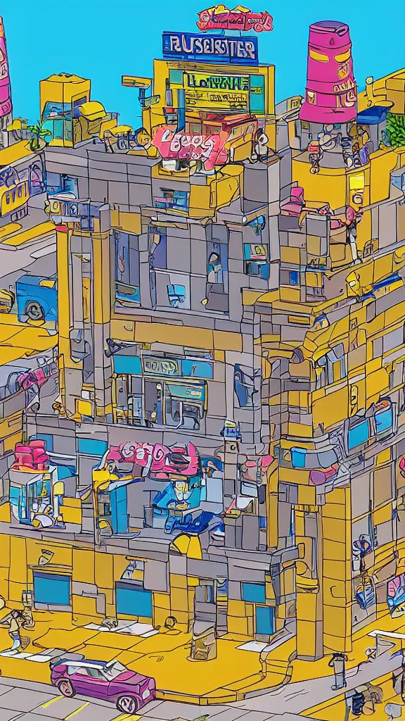 Image similar to blockbuster building in the style of a 90s cartoon