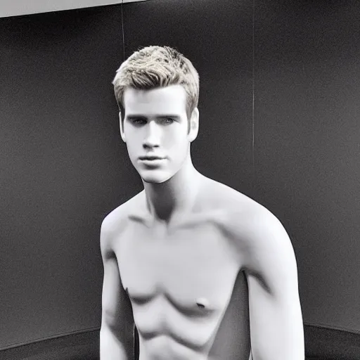 Image similar to “a realistic detailed photo of a guy who is an attractive humanoid who is half robot and half humanoid, who is a male android, actor Liam Hemsworth, shiny skin, posing like a statue, blank stare, at the museum, on display”