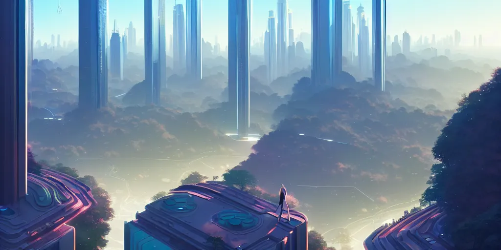 Image similar to futuristic city with tall shiny marble buildings in an evergreen valley, several waterfalls, landscape, global illumination, morning light, radiant light, bird's eye view, by lois van baarle, ilya kuvshinov, rossdraws, tom bagshaw