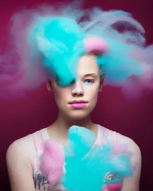 Image similar to a dramatic lighting photo of a beautiful young woman with cotton candy hair. paint splashes. with a little bit of cyan and pink