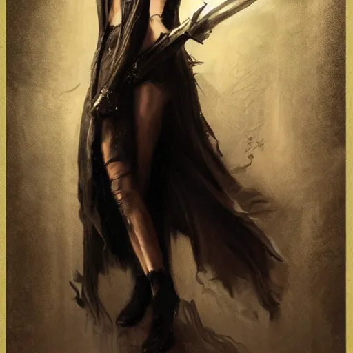 Image similar to eva green as yennifer, full body, dynamic pose, painted by greg rutkowski