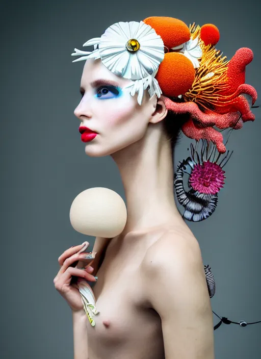 Prompt: cyberpunk beautiful woman portrait with a smooth carved porcelain ivory profile face, futuristic haute couture, iris van herpin, headdress with daisies, colorful puffballs, mushrooms, rhizomorphs, brackets, sponge corals, laser cut paper, red lips, leaves tendrils, hyper detailed, ultra sharp, 8 k, uhd