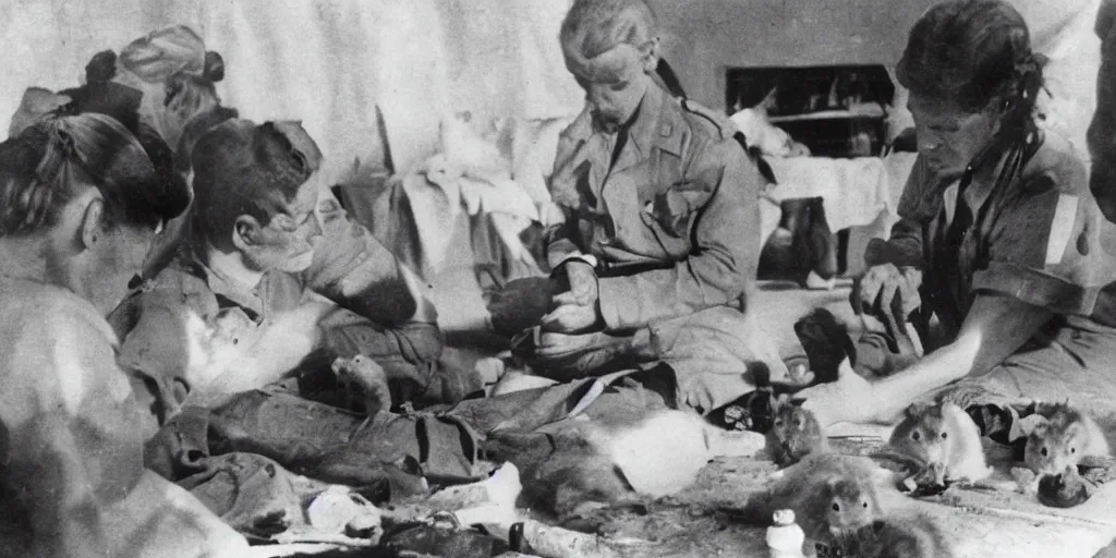 Prompt: photograph of hamsters in a ww 2 field hospital being treated by medic hamsters, detailed