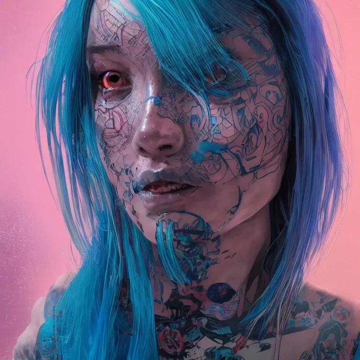 Prompt: portrait of alternative model with tattoos and blue hair. intricate abstract. intricate artwork. by Tooth Wu, wlop, beeple, dan mumford. octane render, trending on artstation, greg rutkowski very coherent symmetrical artwork. cinematic, hyper realism, high detail, octane render, 8k, iridescent accents