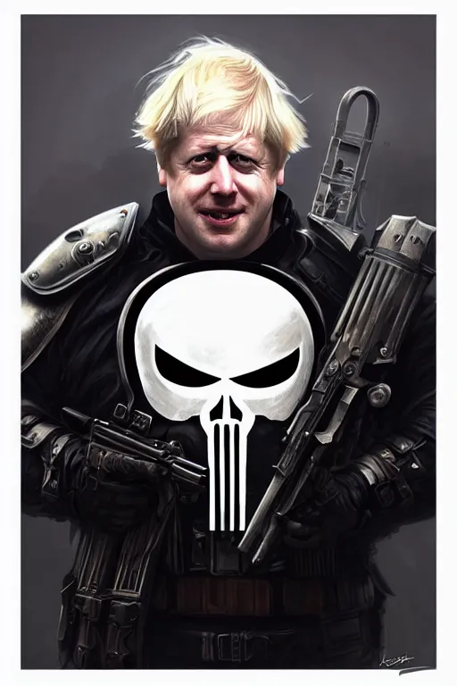 Prompt: Boris Johnson as Punisher, armor plate, realistic portrait, symmetrical, highly detailed, digital painting, artstation, concept art, smooth, sharp focus, illustration, cinematic lighting, art by artgerm and greg rutkowski and alphonse mucha