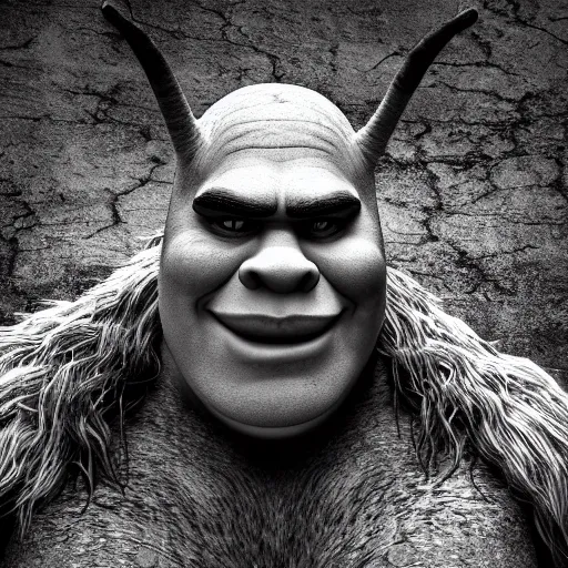 Image similar to shrek's dramatic photo, black and white, heavy grain