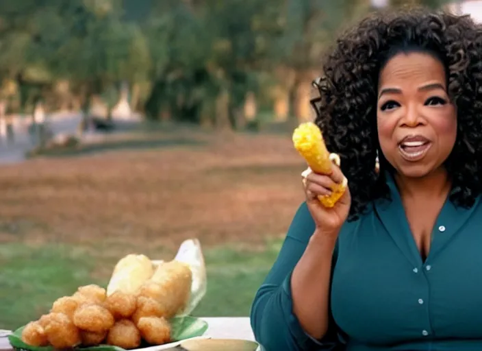 Image similar to film still of Oprah eating a corndog in the new Willow movie, 4k