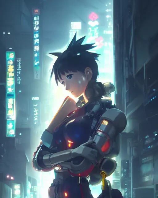 Image similar to portrait of anime girl in mechanic armor in night tokyo by makoto sinkai, my hero academia,cyberpunk, greg rutkowski, perfect face, fine details