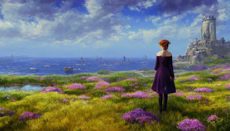 Image similar to over the shoulder landscape painting of violet evergarden standing on a distant colorful flower hill, behind it a distant old european city leiden from violet evergarden next to the reflecting ocean, ocean, sunshine, fantasy, intricate, elegant, highly detailed, digital painting, artstation, blender, unreal engine 5, octane render, smooth, sharp focus, illustration, by Anton Fadeev and Philipp A. Urlich and Andreas Rocha