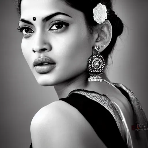 Prompt: waist up portrait photography of indian beauty who have the nose of angelina jolie, lips of megan fox and the eyes of rihanna, award winning photography by leonardo espina, black and white, old style photography, photo pose