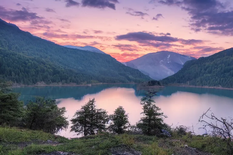 Image similar to landscape of mountains with lake and a dead tree in the foreground , sunset