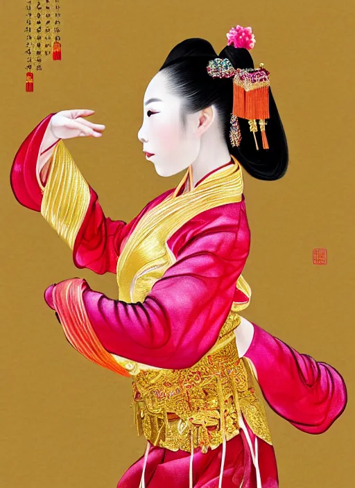 Prompt: full portrait of a chinese dancer doing a silk ribbon dance, feet, barefoot, lean, vivacious, extremely beautiful, elaborate gold jewelry, hanfu, traditional chinese clothes, silk ribbons, colorful ribbons, ming dynasty, detailed, realistic face, anatomically accurate, modern fantasy art.
