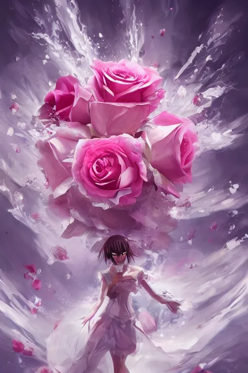 Image similar to concept art magic invisible blades slicing through a bouquet of white and pink roses, flowers exploding and spraying, big puffy clouds, large rose petals, lotus petals, large polygonal background elements, large polygons, dramatic anime, dramatic lighting, artgerm, manga, trending on artstation, marco bucci, mature colors