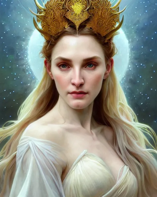 Image similar to realistic portrait of a beautiful white witch, bright, beautiful, heroic pose, beautiful face, magic, dramatic lighting, intricate, wild, highly detailed, digital painting, artstation, concept art, smooth, sharp focus, illustration, art by artgerm and greg rutkowski and alphonse mucha, footage from space camera