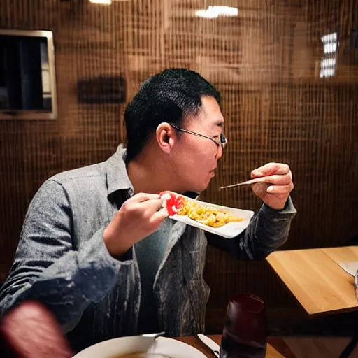 Prompt: A guy eating yakisoba in a restaurant, photo taken by Walter Firmo, award winning photo