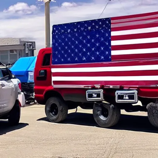 Image similar to photo of biden pickup truck with american flags, there are very attractive woman in the back of the truck by the tailgate in bikinis.