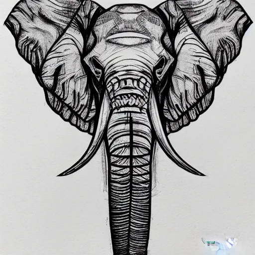 Image similar to black pen sketch of a skull of a elephant, the desert is in color pencil, elephant skull, beginner, pencil, intermediate art, paper art, pencil, bold lines, cyberpunk based