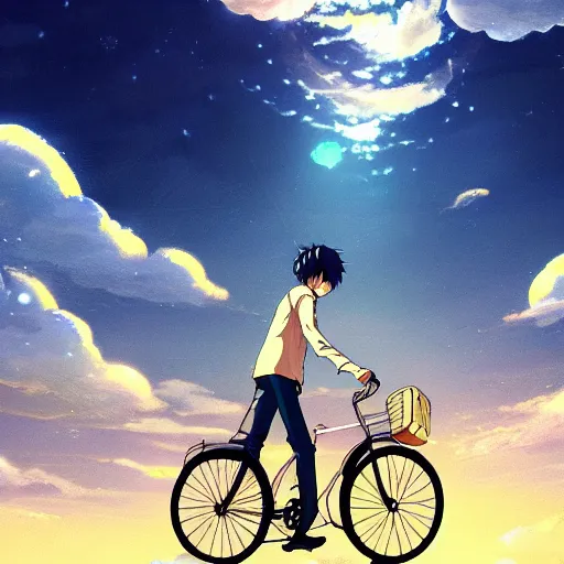 Image similar to a beautiful ultradetailed anime illustration of a happy man flying in the sky on his bicycle in the clouds, up to bottom is clouds，sea，railway，by makoto shinkai，anime wallpaper 4k，prismatic
