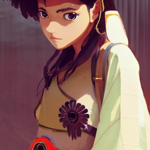 Image similar to a beautiful women instagram model, brown skin, wearing elegant catholic school girl designer fashion with mayan pattern and native style, aztec street fashion, gapmoe yandere grimdark, trending on pixiv fanbox, painted by greg rutkowski makoto shinkai takashi takeuchi studio ghibli, akihiko yoshida