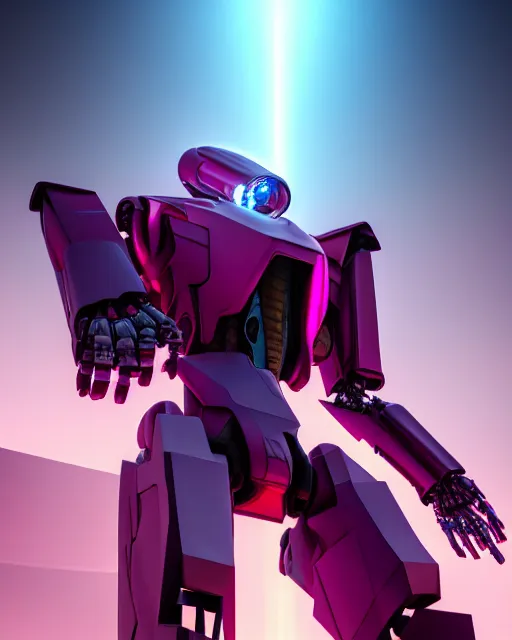 Image similar to hyperrealistic 3d render full mecha iridescent pink dramatic landscape concept art vray ute osterwald de chirico sharp cinematic very moody light 8k low angle shallow depth of field