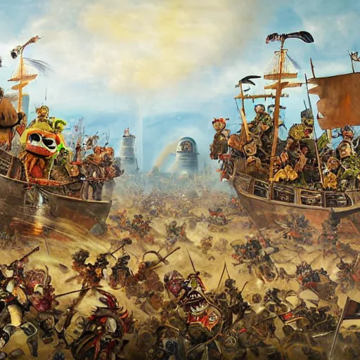 Image similar to muppet siege warfare, epic battle painting with extreme detail, very wide panorama