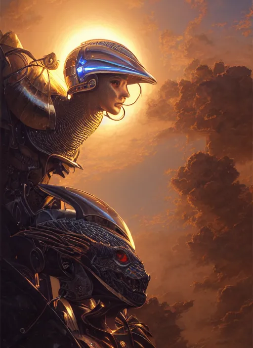 Image similar to highly detailed portrait of reflection of dragonfire on shiny knight helmet, raytracing, fantasy art by by simon bisley, loish, rhads, ferdinand knab, makoto shinkai and lois van baarle, ilya kuvshinov, rossdraws, tom bagshaw, global illumination, radiant light, detailed and intricate environment