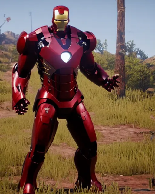 Image similar to robust and bulky iron man suit in red dead redemption 2, cinematic, photorealistic