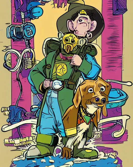 Prompt: cute wasteland mutant dog dressed in 80s clothing + wry expression + 80s talismans + cool street style + relaxed pose + centre image + in the style of Don Bluth and Peter Laird + moebius style + hearthstone color style + jack kirby inked line drawing