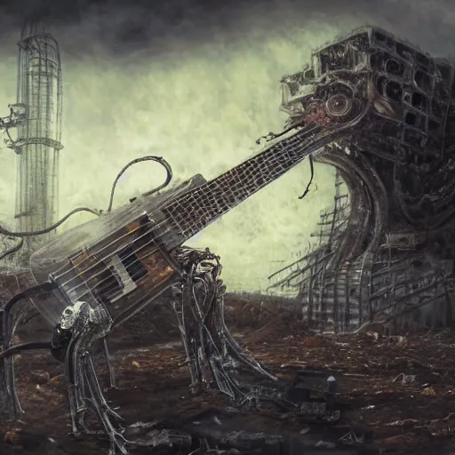 Image similar to flamethrower guitar robot in ruined city by Yoshitaka Amano, by HR Giger, biomechanical, 4k, hyper detailed, hyperrealism, anime, a Blood Moon rising on a Broken World, deviantart, artstation