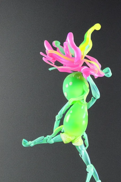 Image similar to a fat jelly super detailed anime figurine with fluo color detail, and muted arm colors, that looks like a insect, on top of a painting of plastic synthetic ionized metal flower sculptures