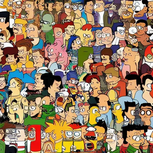 Prompt: All the characters of Futurama, in the style of a Where's Waldo book cover.