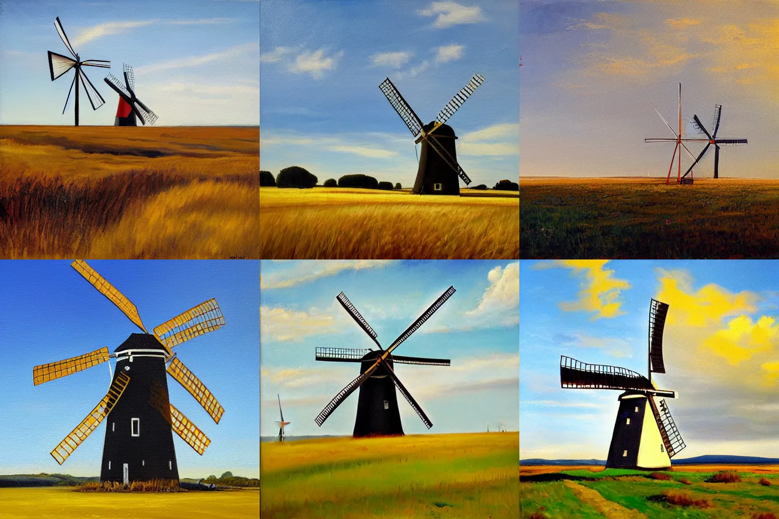 Prompt: a vestas windmill burning in a sunny field, johan stalhagen, painting