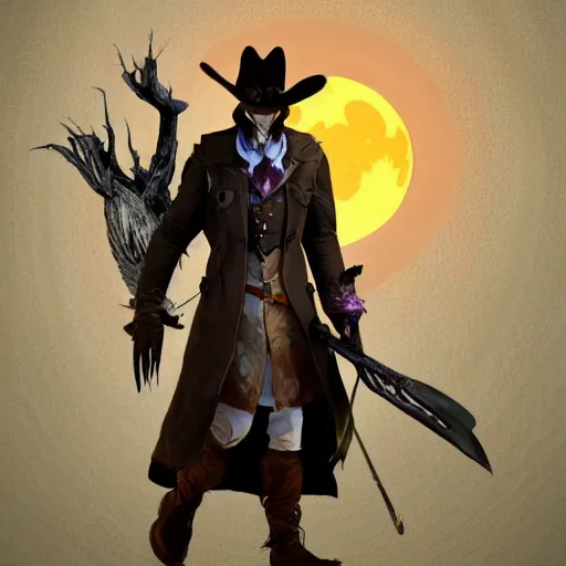 Image similar to a detailed 3 d render of darkwing duck dressed as the hunter from bloodborne, let's get dangerous, in the style animation of darkwing duck, digital art, dark fantasy, concept art, soulslike, by alphonse mucha, blood moon eclipse, wherewolves in a ruined building in the background, artstation, 8 k, unreal engine render