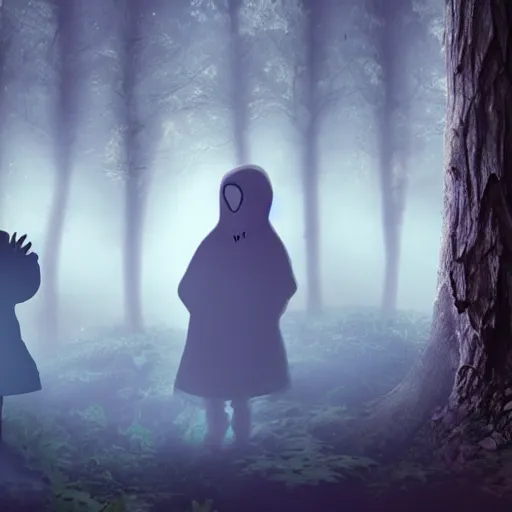 Prompt: a ethereal phantom talking with a kid in the middle of a dark forest