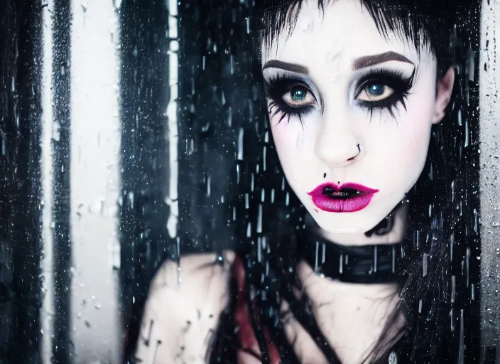 Prompt: closeup portrait of emo vampire goth ariana grande standing in the rain in a dark cyberpunk city, heavy make - up running down face, neon reflections in the puddles, portra 4 0 0 candid photograph portrait by annie leibovitz, 3 5 mm macro shot, f / 3 2, hyperrealistic, cinematic lighting, hd wallpaper, 8 k, 4 k